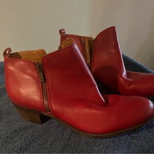 Women's Red Leather Ankle Boots with Side Zip